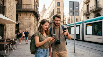 Traveler checking a smartphone while on the move